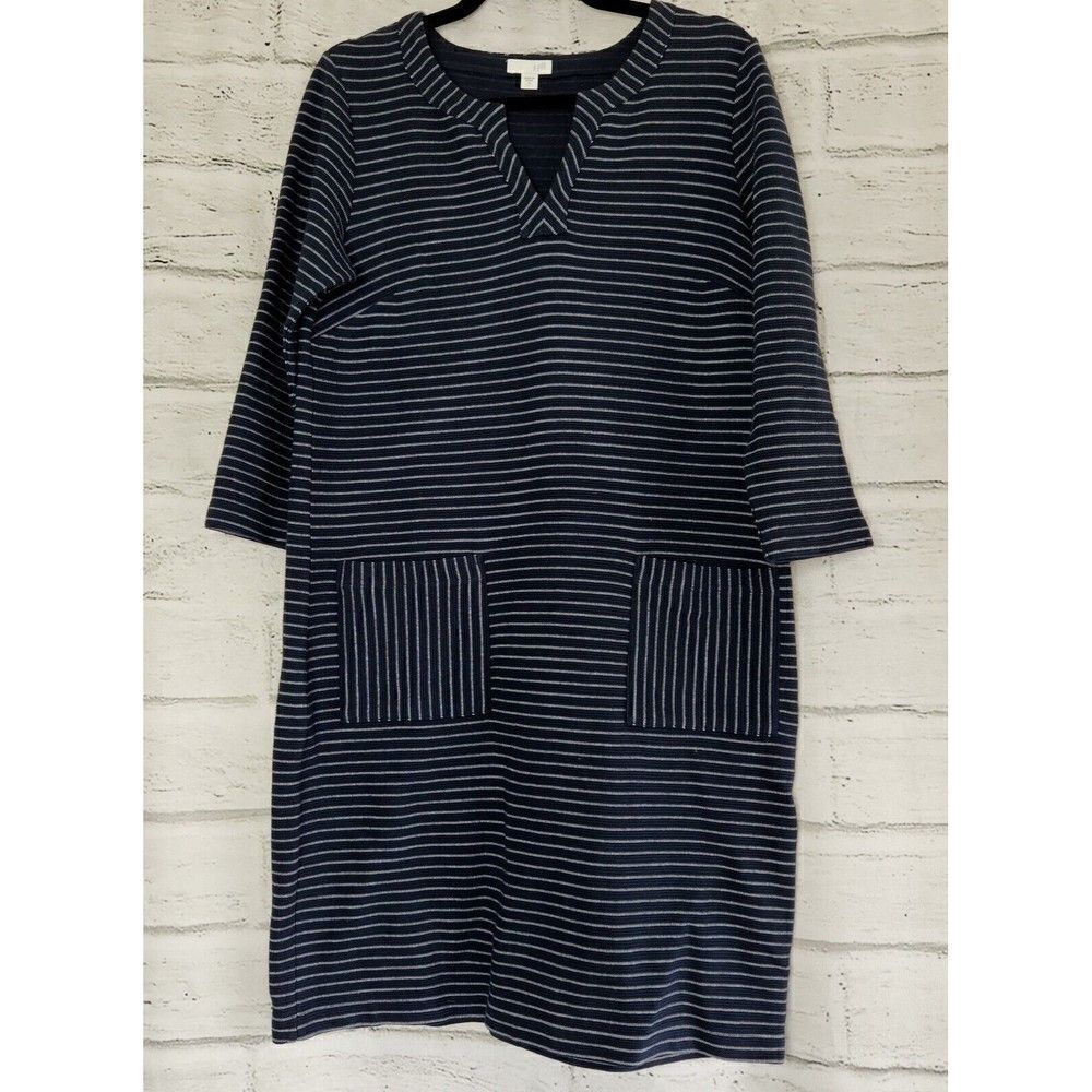 J. Jill Dress Women's Size S Blue Striped Pockets V-Neck 3/4 Sleeves Shift Dress